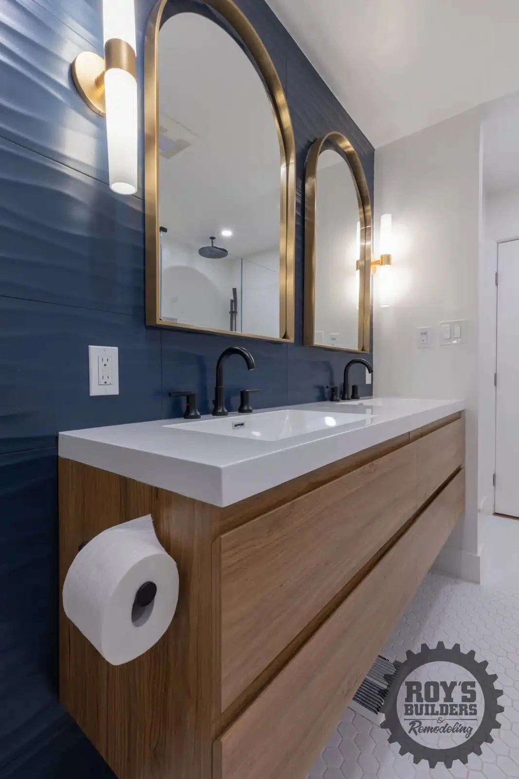 Elegant Bathroom Remodel Dual Mirrors- Roy's Builders