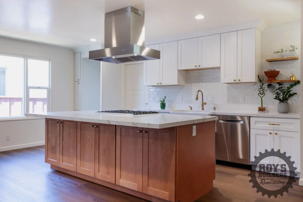 Modern White Kitchen With Open Shelving- Roy's Builders
