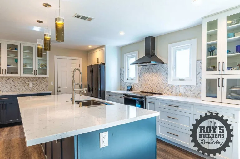 Transitional Kitchen With Navy Island