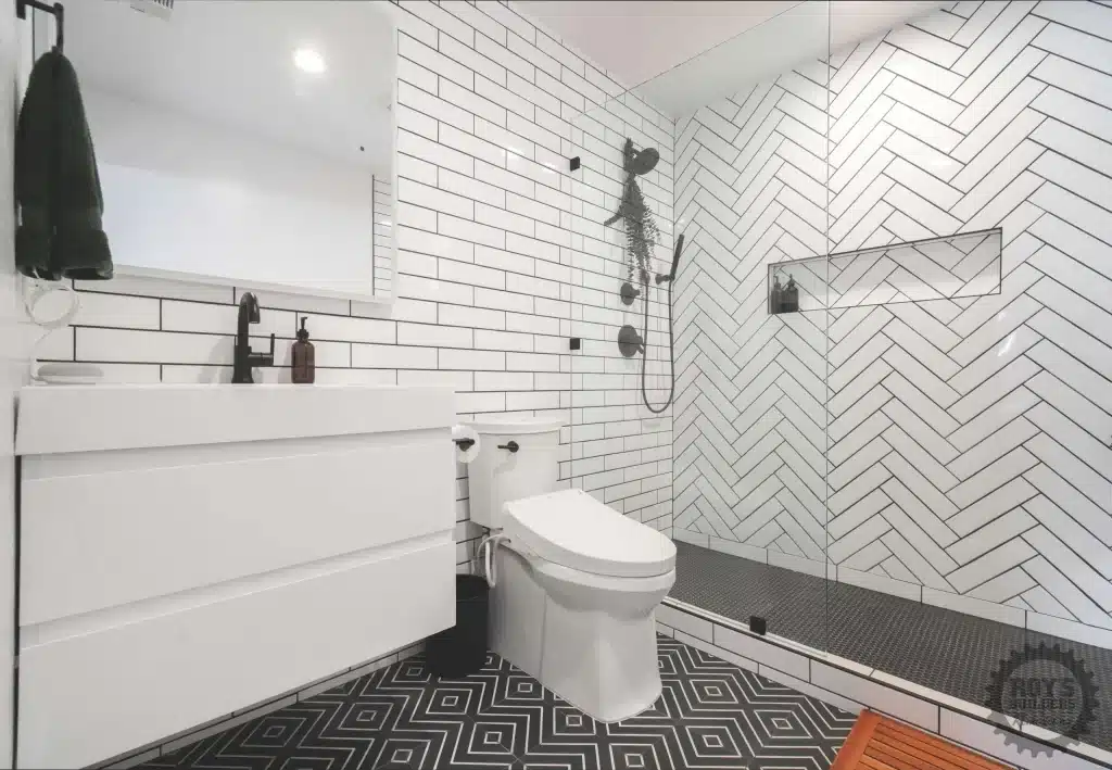 Modern bathroom with glass shower and vanity
