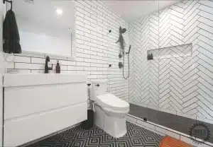 Modern bathroom with glass shower and vanity