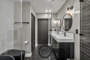 Modern bathroom with elegant double vanity and mirrors