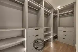 Custom walk-in closet organizers with built-in shelving.