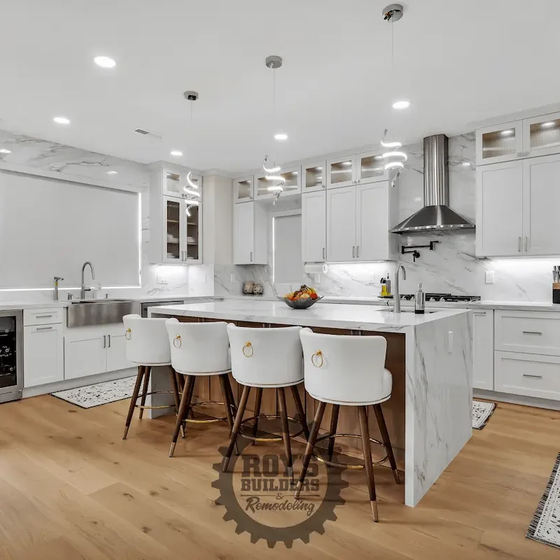Modern kitchen with white cabinets and island
