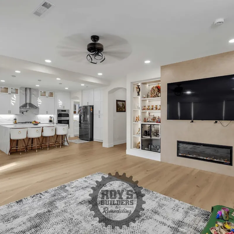 Living room with TV, shelves, and rug
