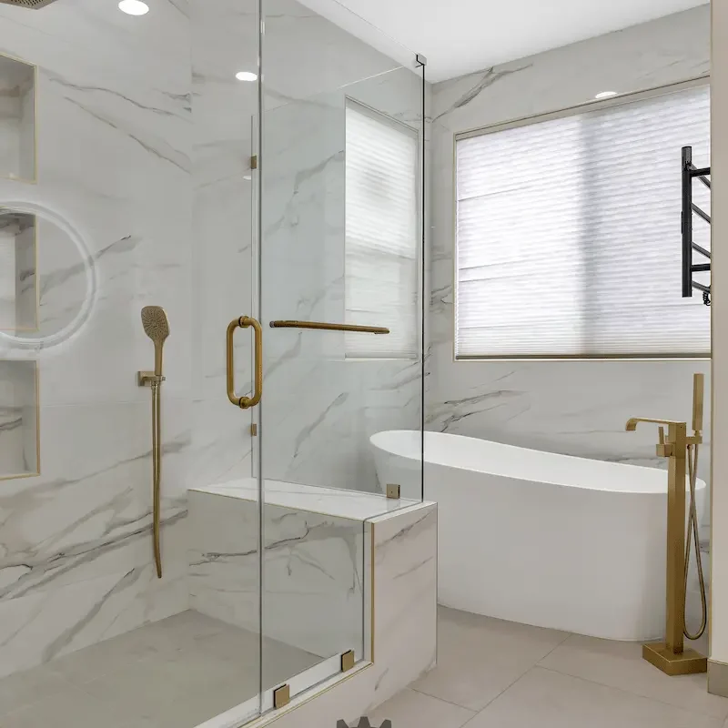 Bathroom with shower, bathtub, and modern fixtures