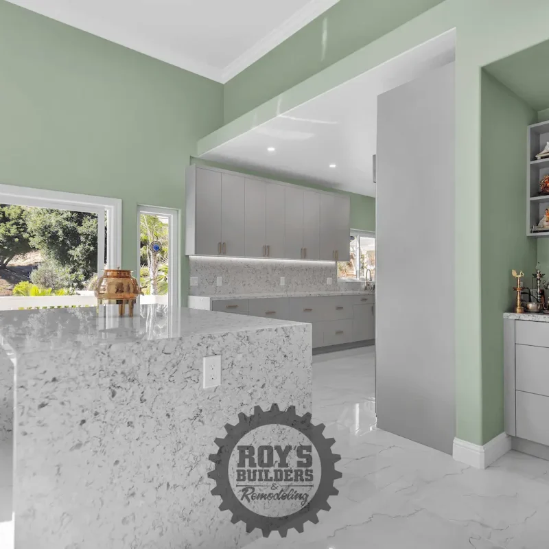 Open kitchen layout with island counter