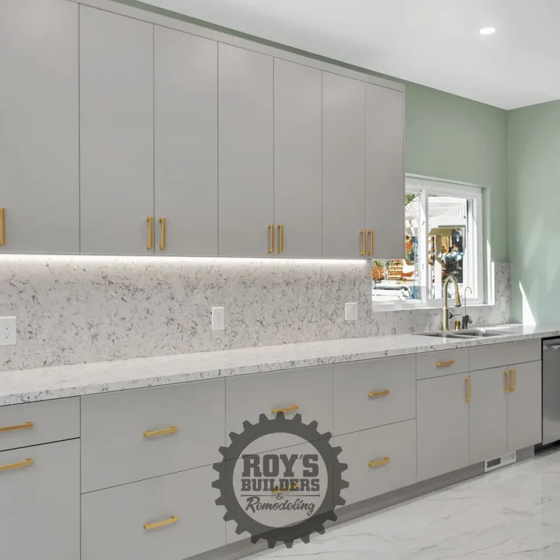 Long kitchen corridor with glossy surfaces