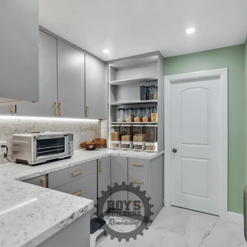Minimalist kitchen view with gray cabinetry