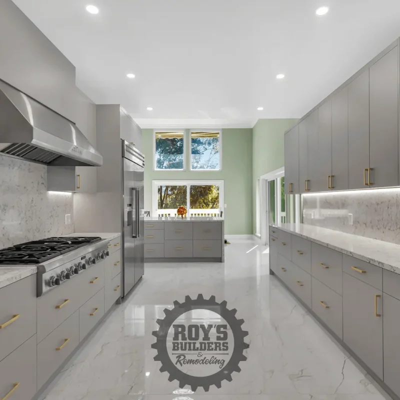 Spacious kitchen with stainless steel fridge