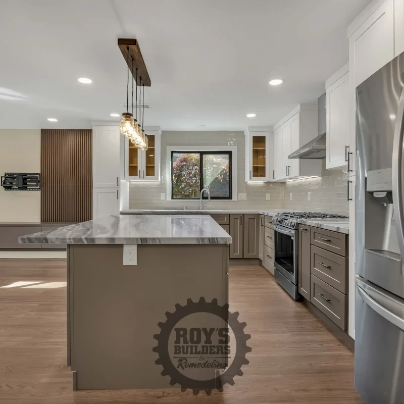 Close-up view of a gourmet kitchen island with a quartz countertop.