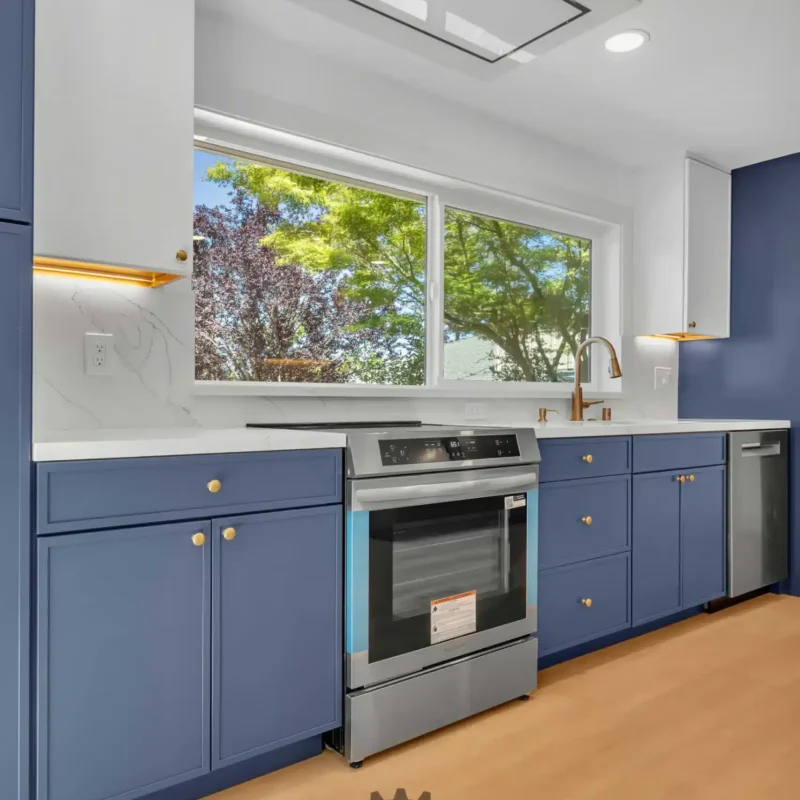 Modern kitchen featuring blue cabinets, stainless steel appliances, and wood floors.