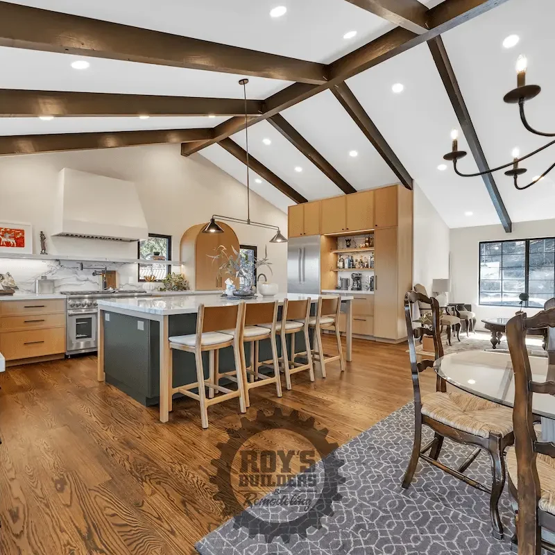 Kitchen with appliances and large island.