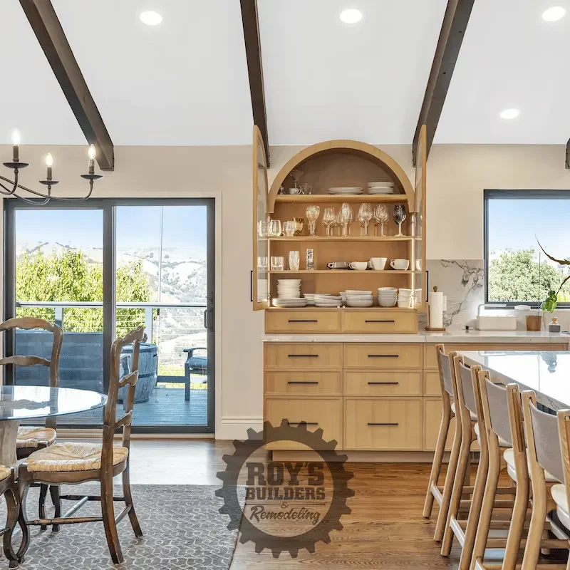 Open dining area with large wooden table.