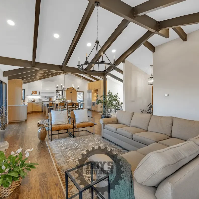 Spacious living room with light wood floors.