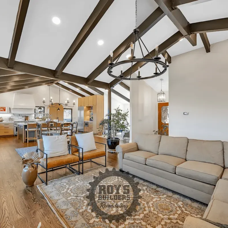 Modern living area with a large sofa.