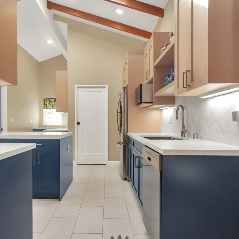 White and blue modern kitchen interior