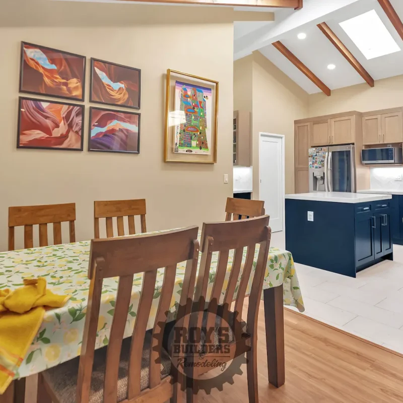Dining area with wooden table and decor
