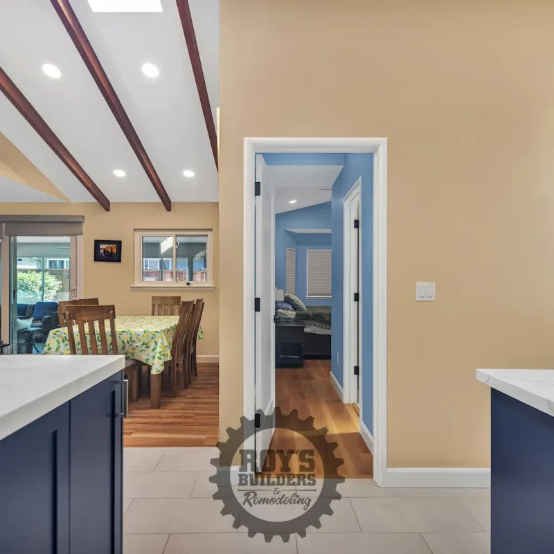 Kitchen interior with white and navy cabinets