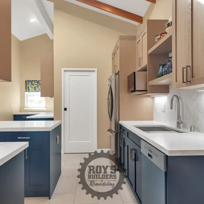 Modern kitchen with navy blue island