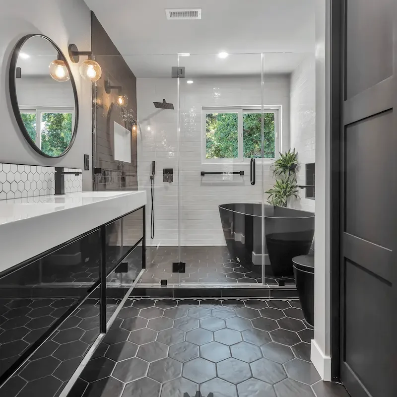 Dual mirrors with elegant black cabinetry