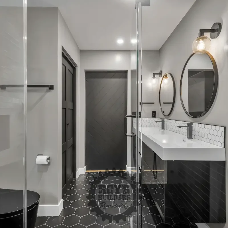 Modern bathroom with elegant double vanity and mirrors