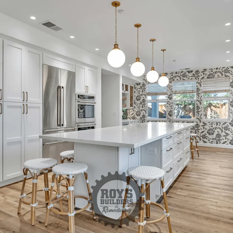 Large kitchen with pendant lights